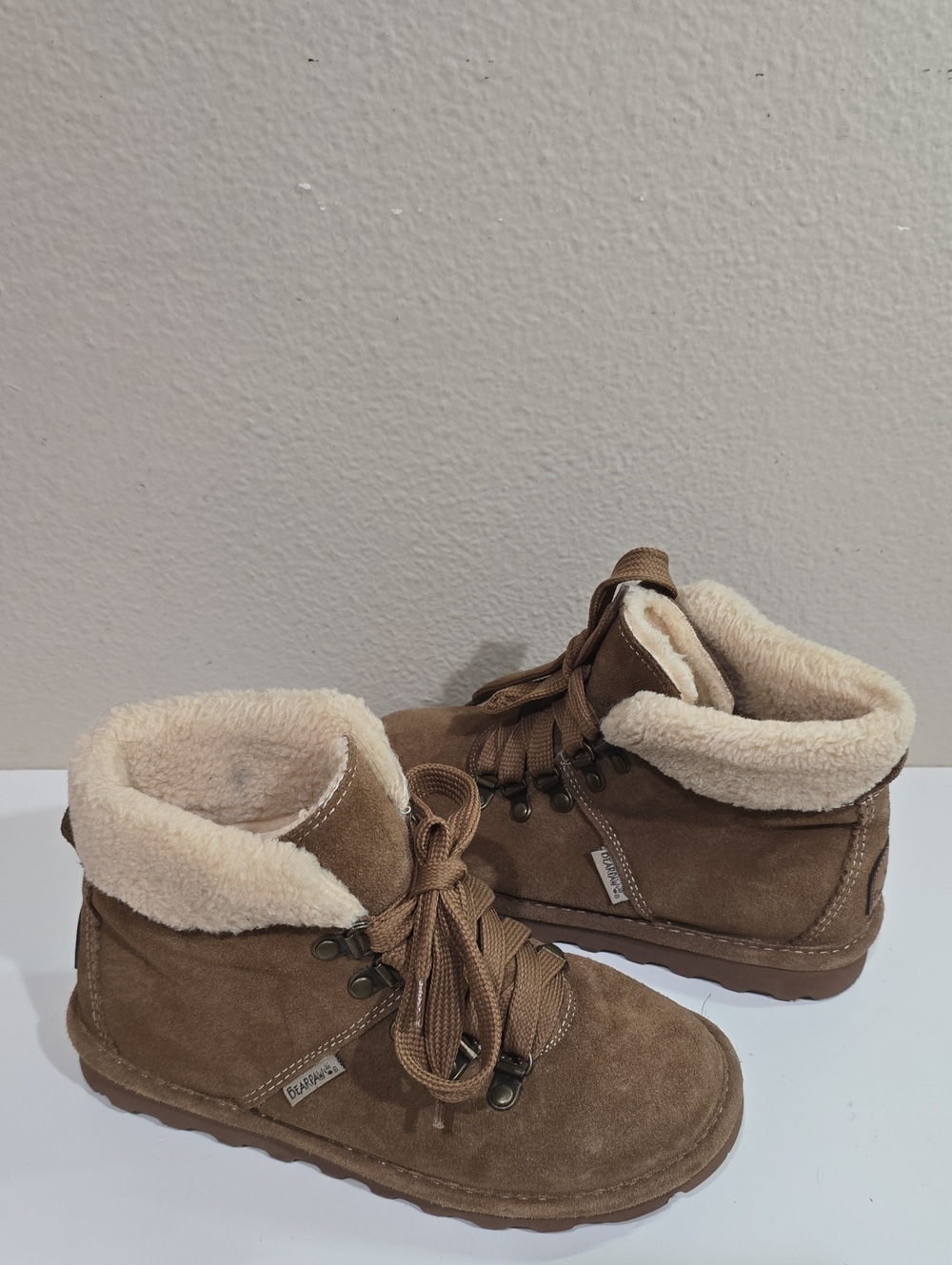 BearPaw Tan Suede Ankle Booties with Cream Faux Shearling